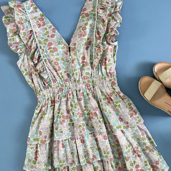 NWT Anthropologie Love The Label Ines Ivory Floral Tiered Ruffle Mini Dress - Picture 7 of 9